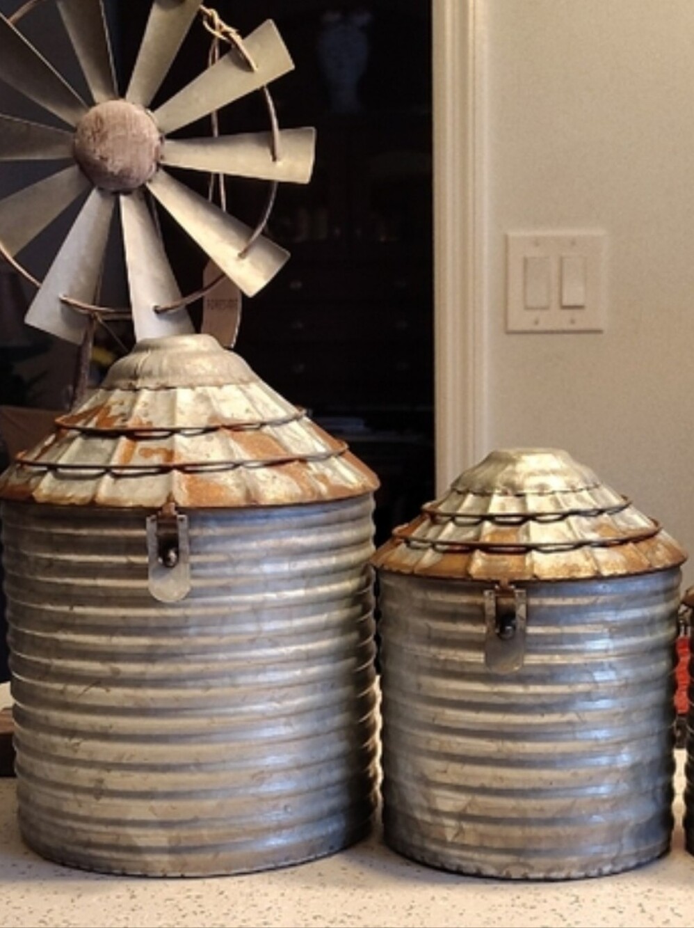 Rustic Metal Silo Canister Set And Tall Windmill